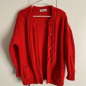 Vintage Red Cable Knit Women's Crew Neck Cardigan